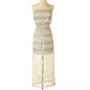 Y2K Sans Souci Strapless Crochet Lace Overlay High Low Maxi Dress Cream M Boho